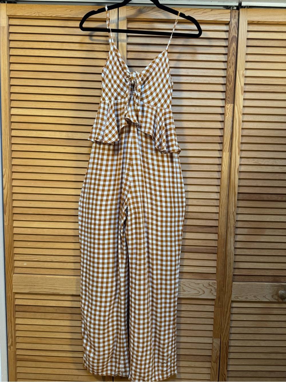 SAYLOR Laken Gingham Ruffle Tie Front Jumpsuit Apricot Tan Small